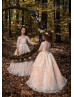 Elbow Sleeves Ivory Lace Long Flower Girl Dress With Beaded Sash